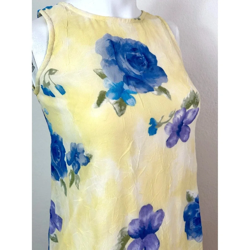 VTG 90s Jazz Kids Pastel Floral Chiffon Midi Dress Girls 12 Yellow Blue Crinkle